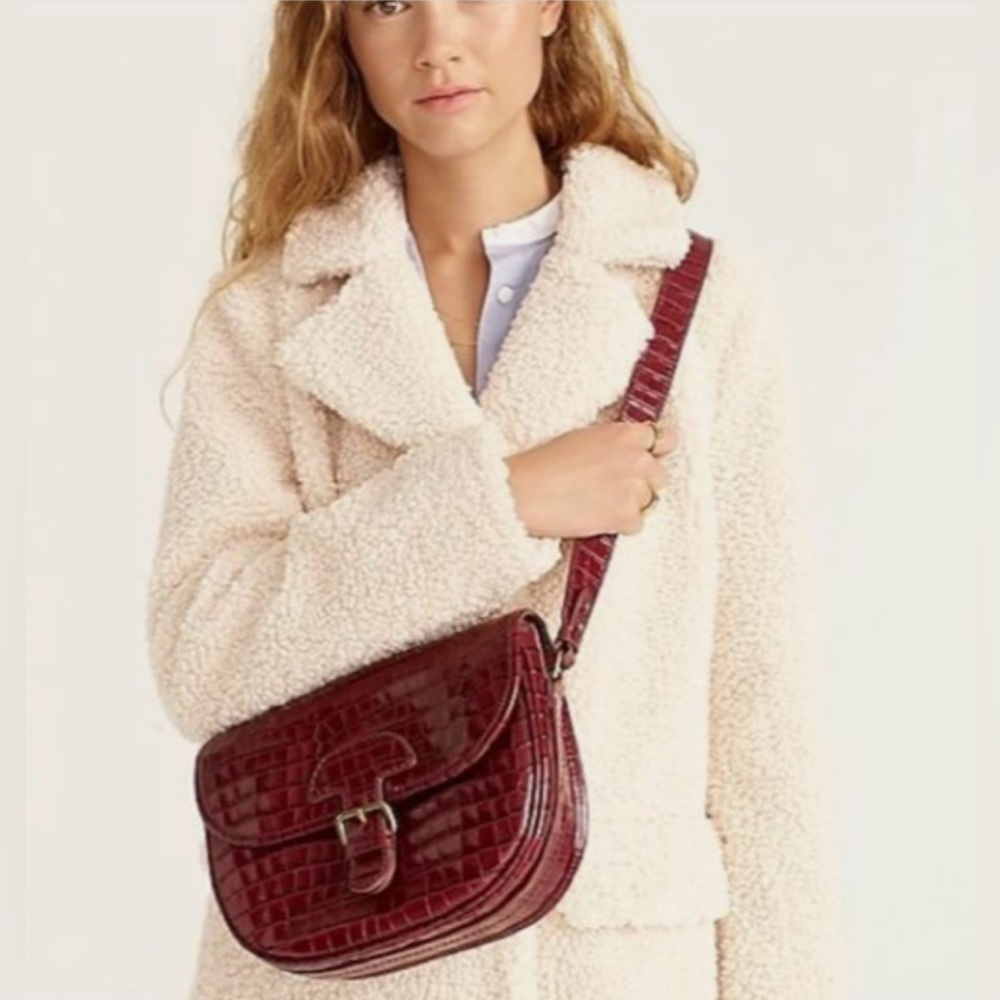 J. Crew Classic large Saddle Bag in croc-embossed leather in Vintage Burgundy